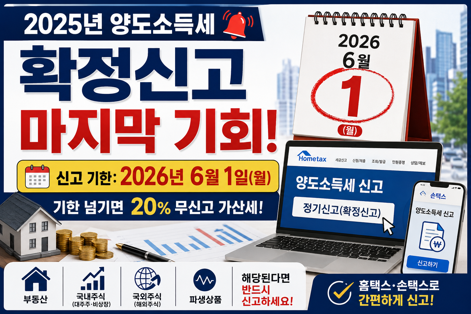 양도소득세 확정신고 안 하면 가산세 폭탄 — 2026년 홈택스 신고 총정리